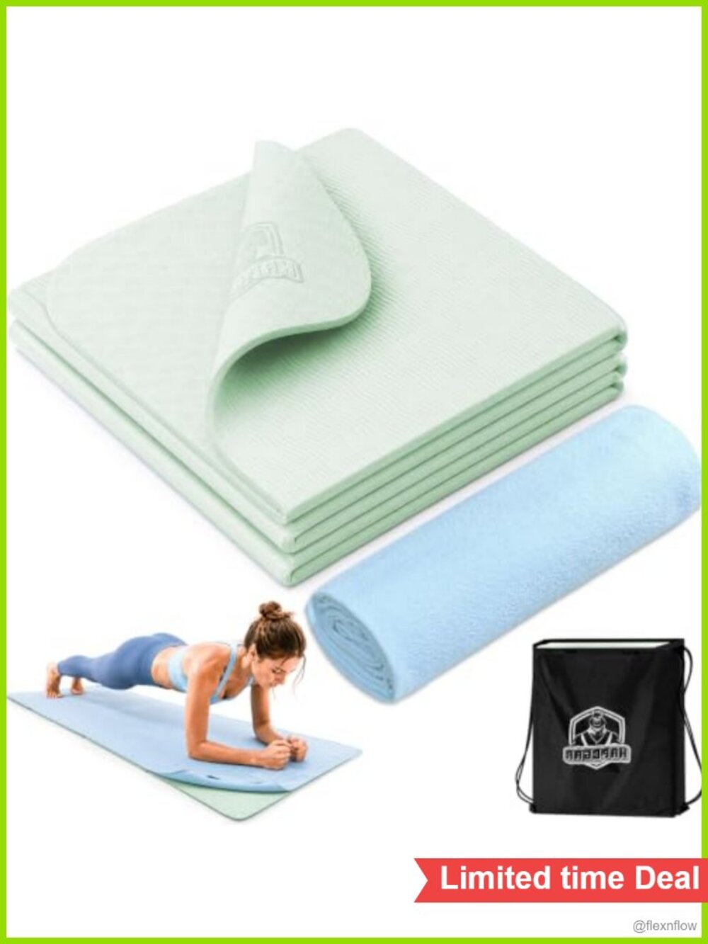 HAPBEAR Foldable Yoga Mat with Towel Set 72x24 TPE Non-Slip 6mm Thick